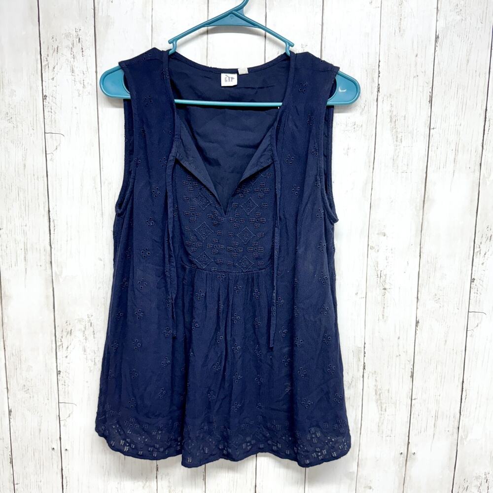 Gap‎ Shirt Women S Tie-Front Splitneck Top Lace Trim Lasercut Navy Blue Rayon